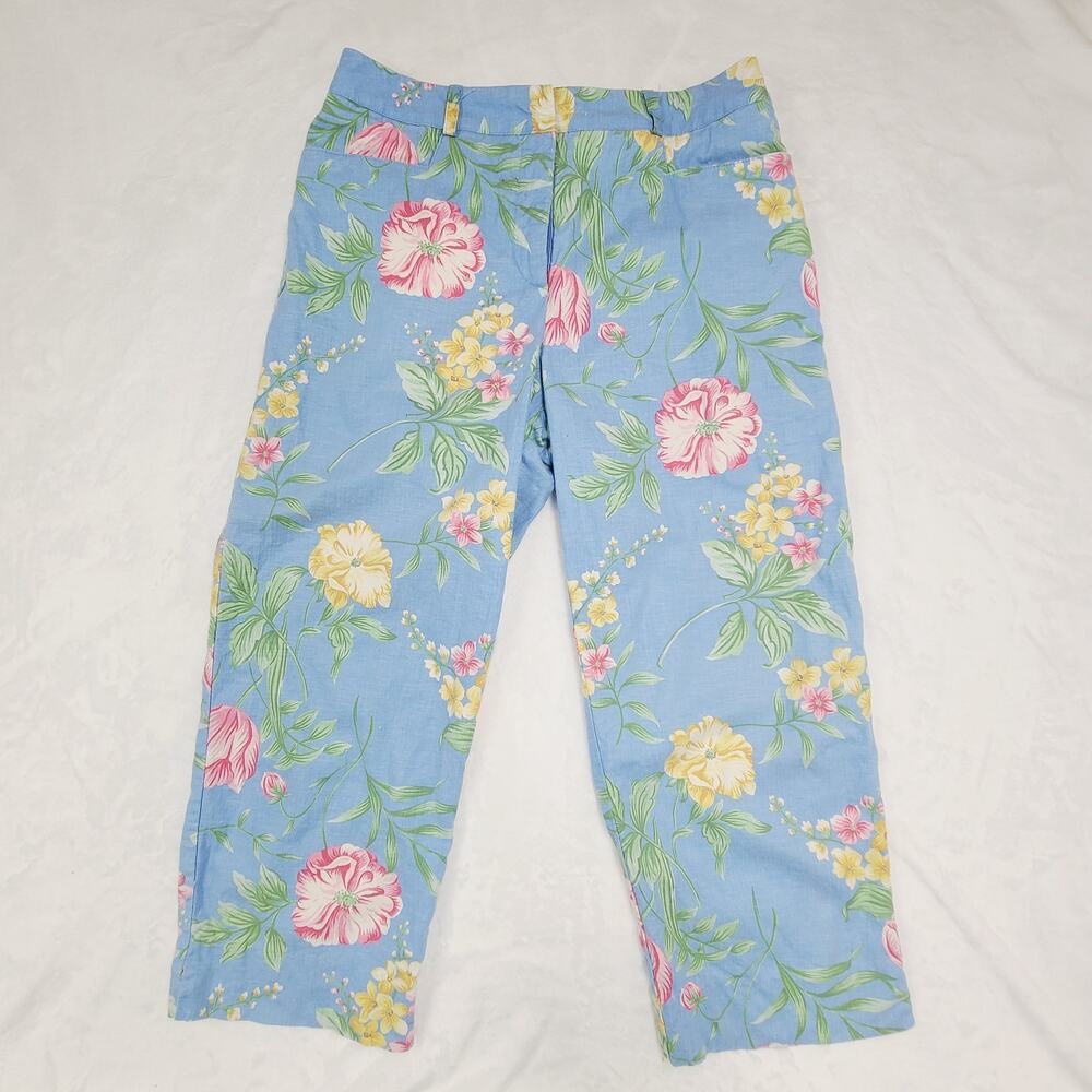 Tahana Nancy Aley Linen Rayon Pants Size 8 Blue Floral Wide Leg Crop Cottagecore